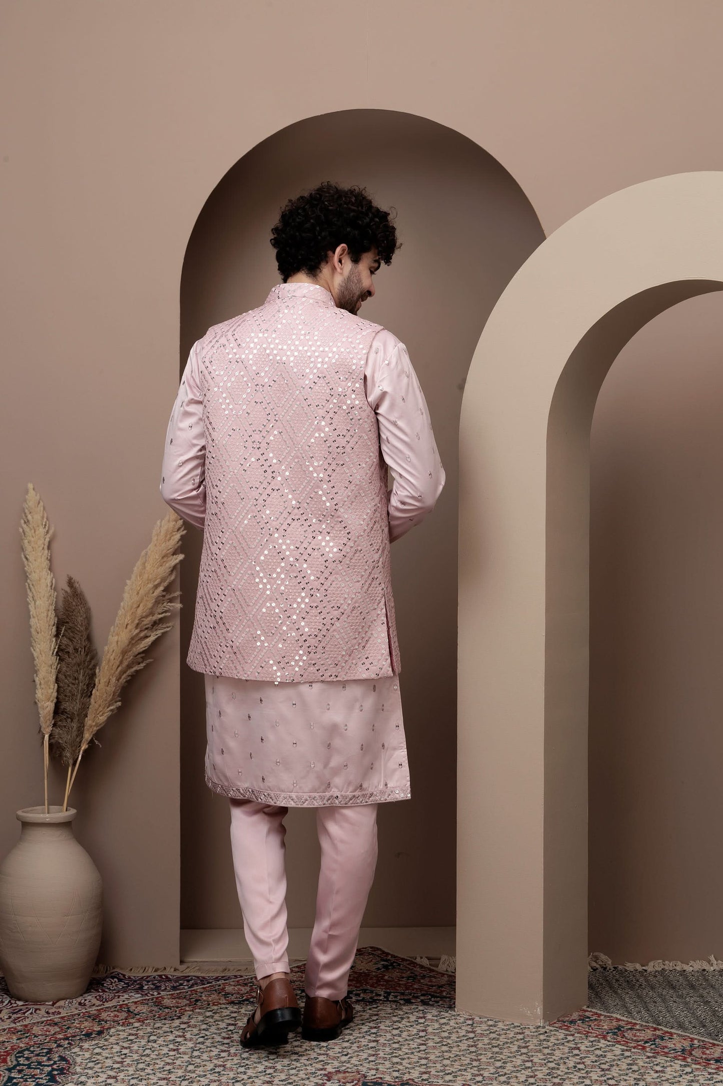 Pink cotton kurta pajama with matching embroidered jacket