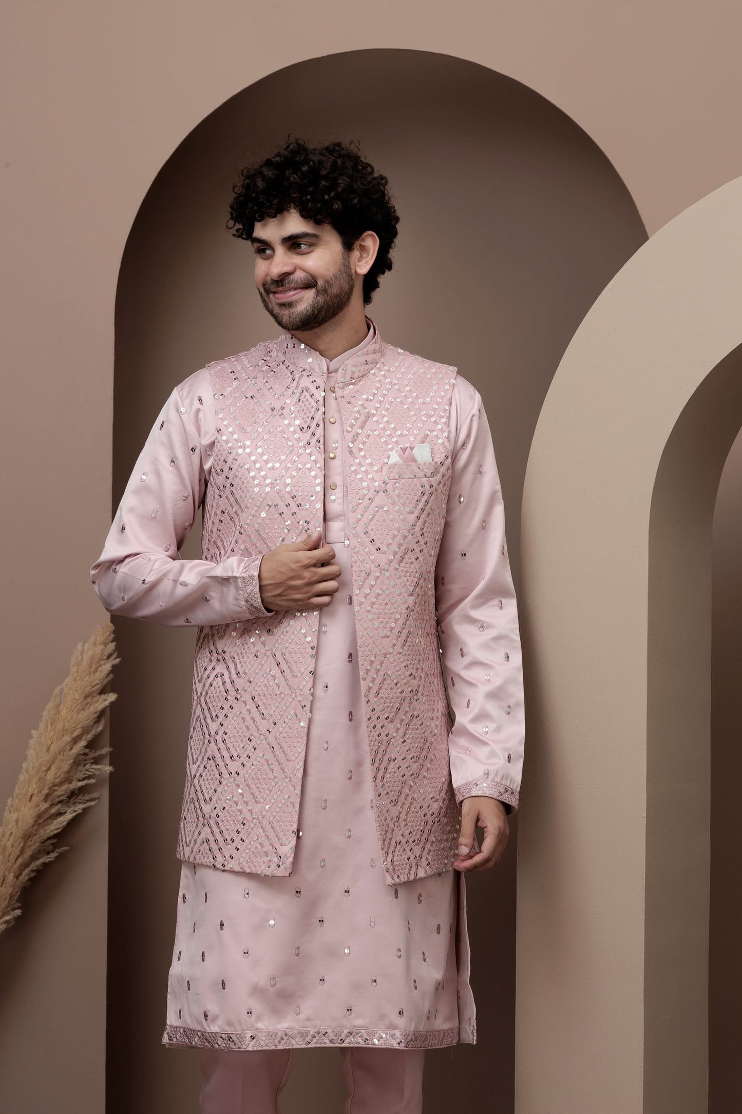 Pink cotton kurta pajama with matching embroidered jacket