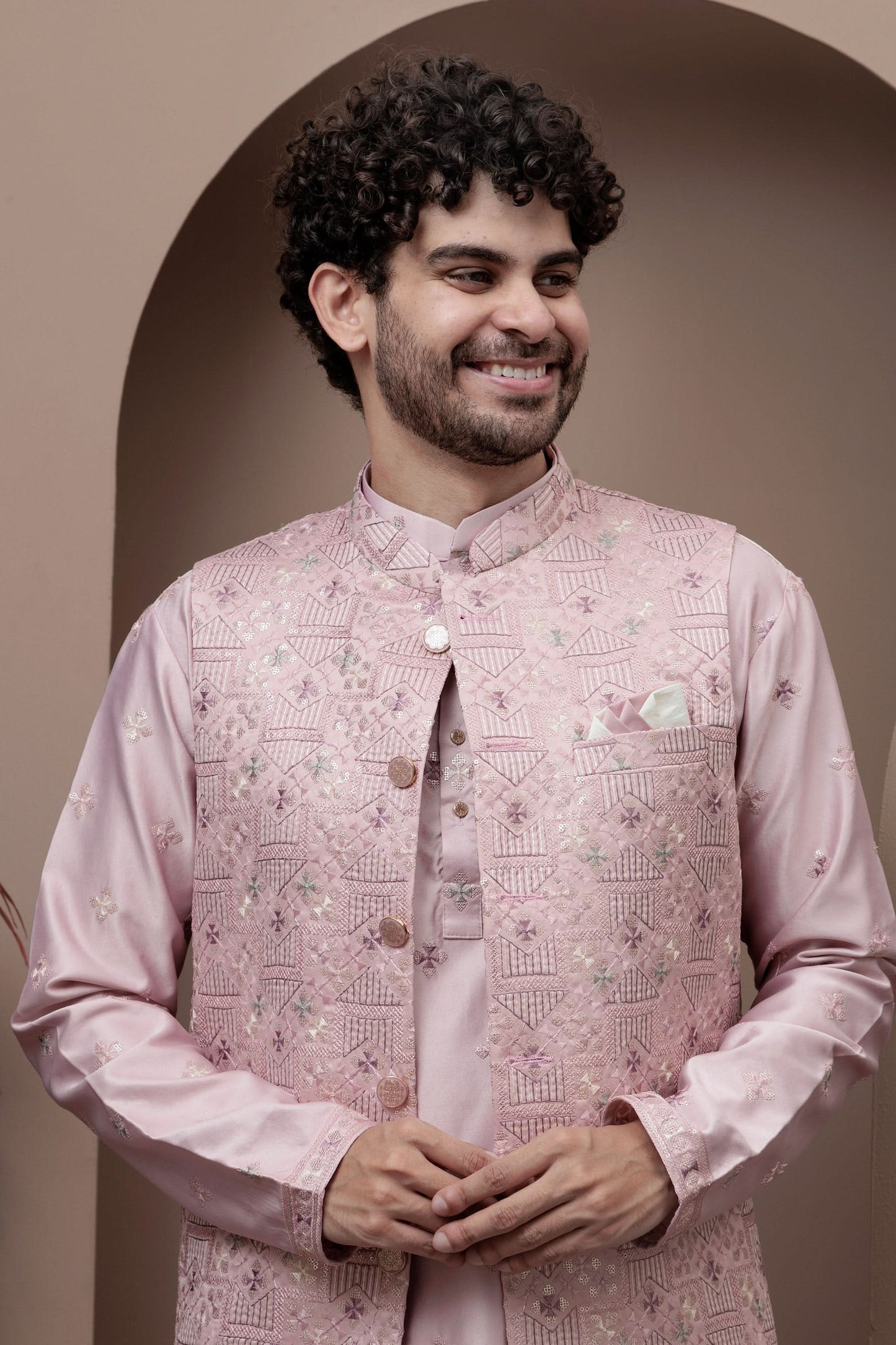 Pink kurta pajama with matching embroidered jacket