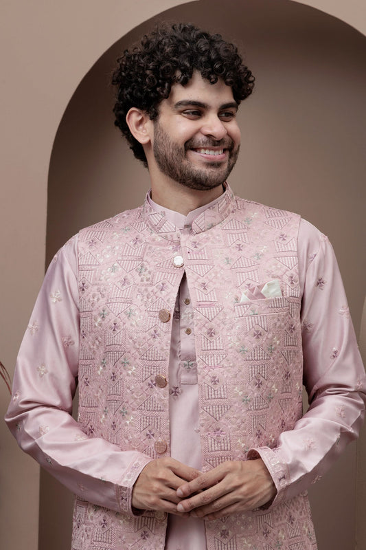 Pink kurta pajama with matching embroidered jacket