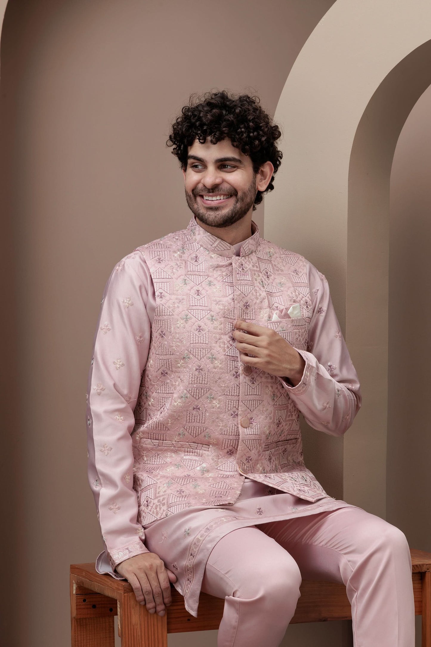 Pink kurta pajama with matching embroidered jacket