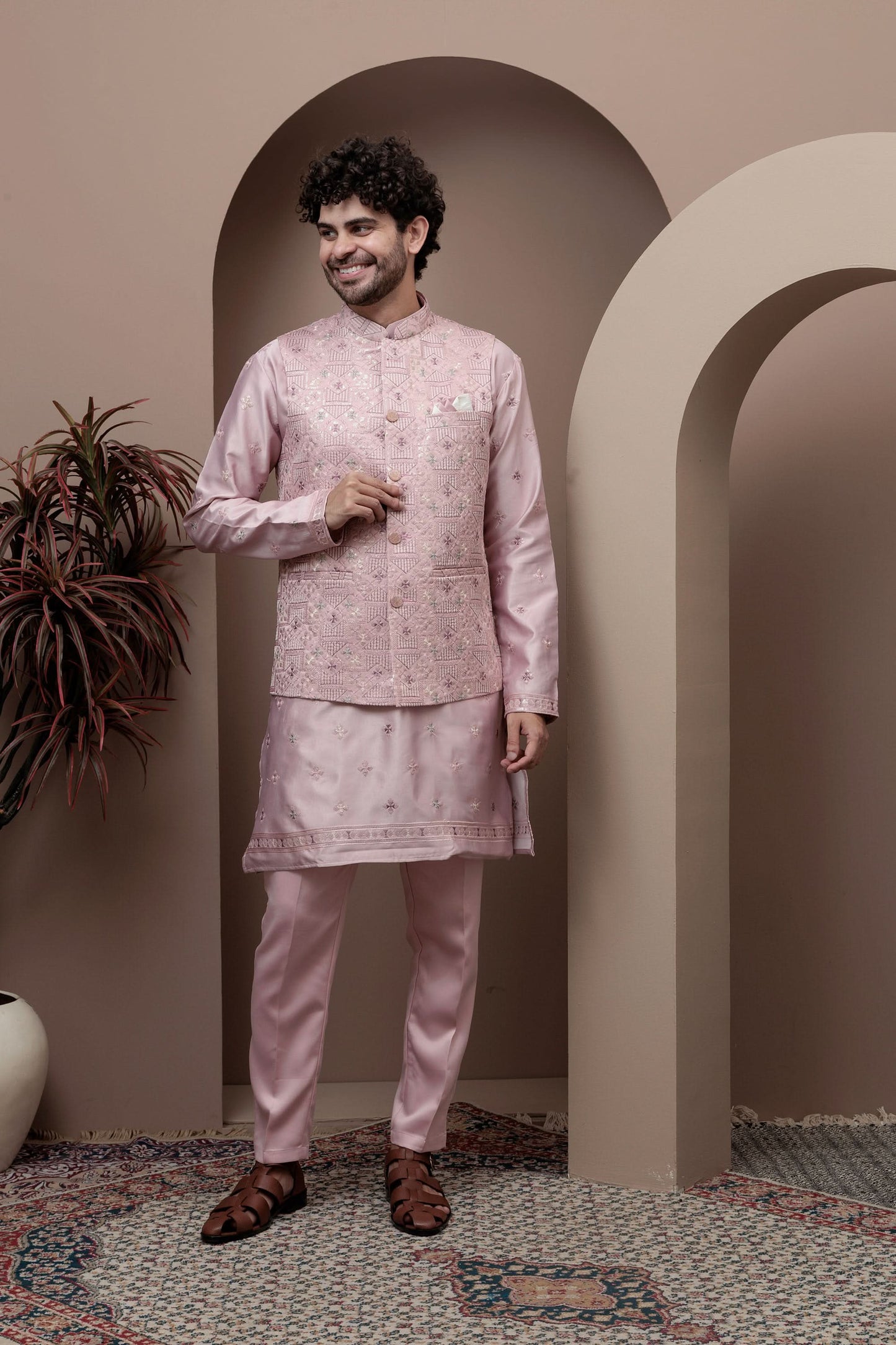Pink kurta pajama with matching embroidered jacket