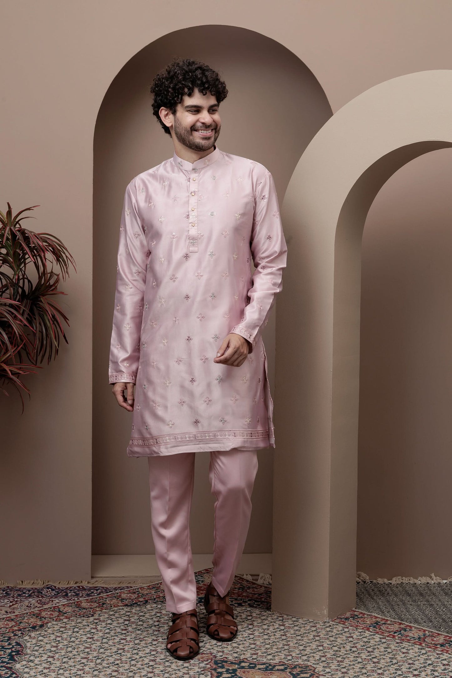 Pink kurta pajama with matching embroidered jacket