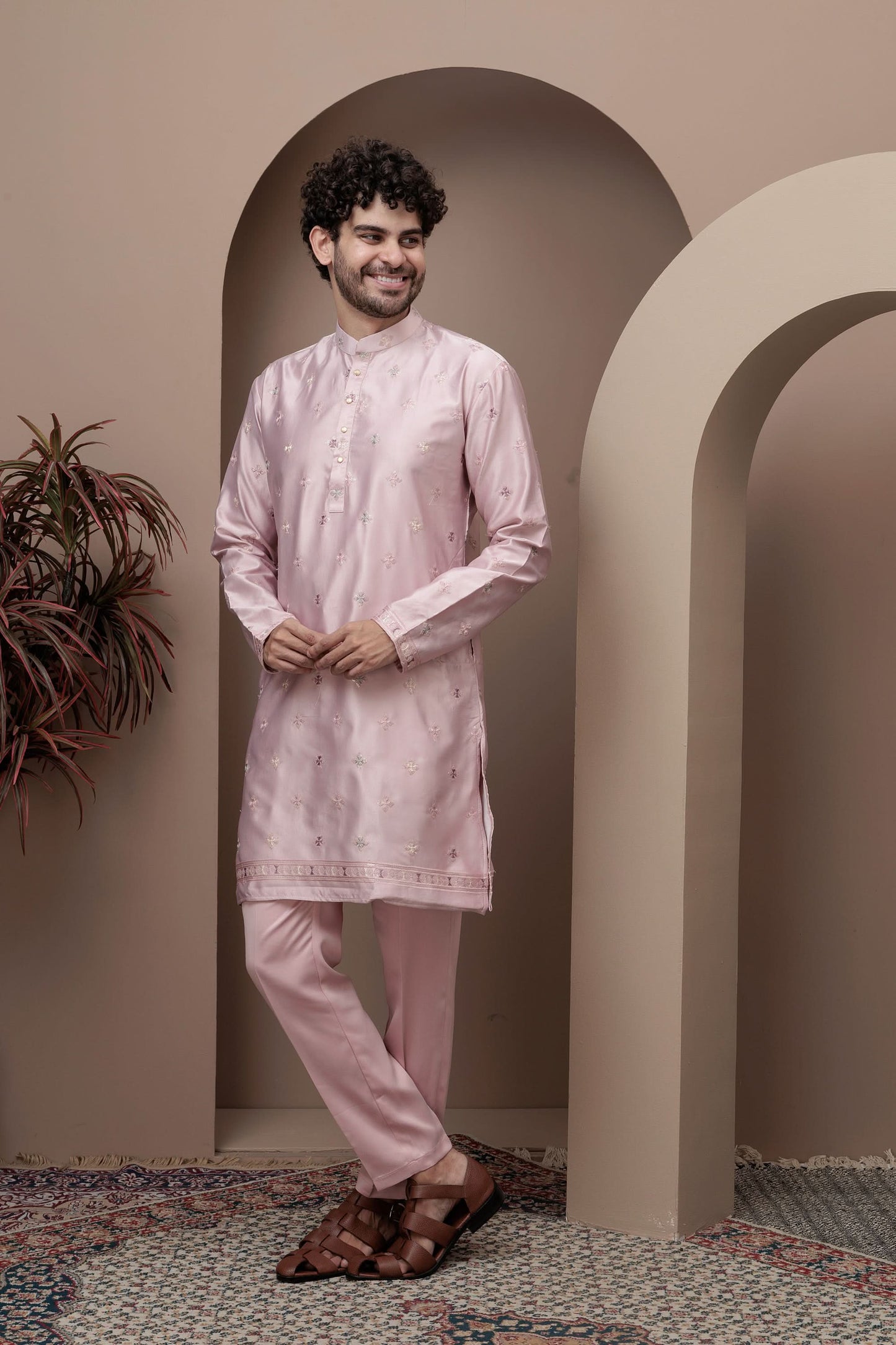 Pink kurta pajama with matching embroidered jacket