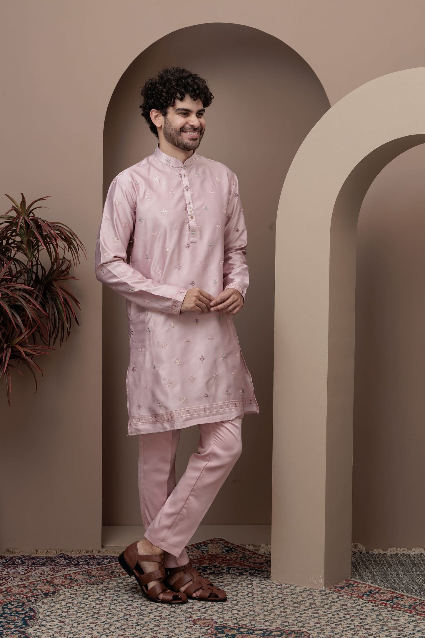 Pink kurta pajama with matching embroidered jacket