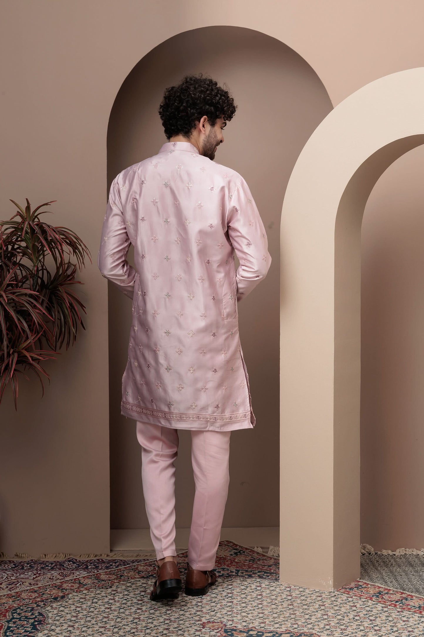 Pink kurta pajama with matching embroidered jacket