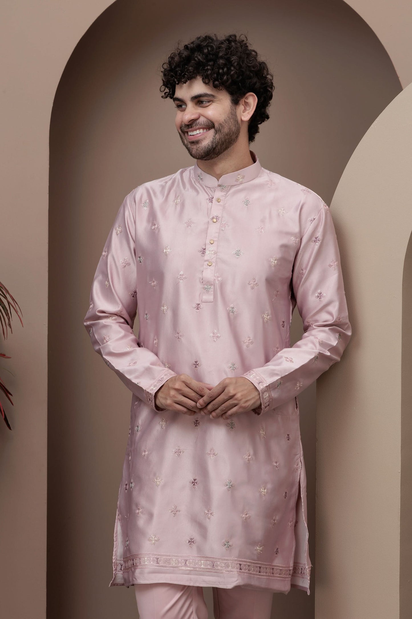 Pink kurta pajama with matching embroidered jacket
