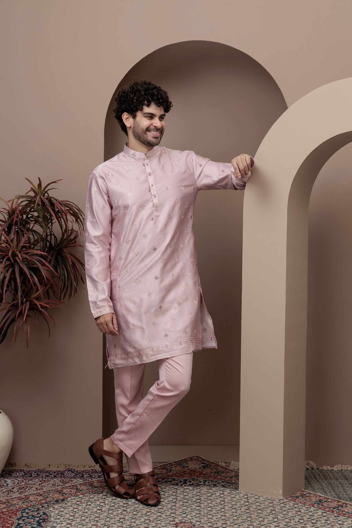Pink kurta pajama with matching embroidered jacket