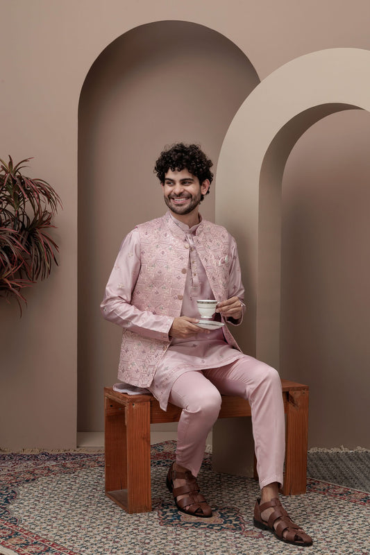 Pink kurta pajama with matching embroidered jacket
