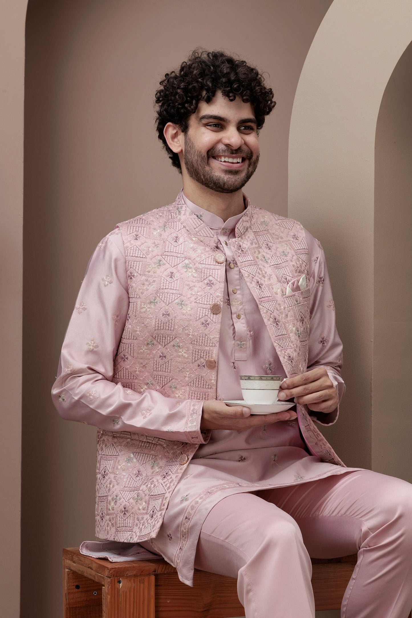 Pink kurta pajama with matching embroidered jacket