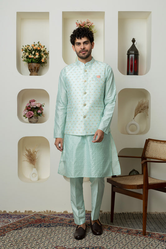 Aqua Green Cotton Silk Kurta Pajama Jacket– Sharp Ethnic Wear for Modern Menswear