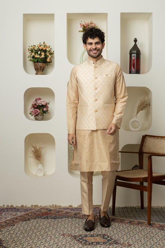 Golden Cotton Silk Outfit – Sharp Ethnic Wear for Modern Menswear