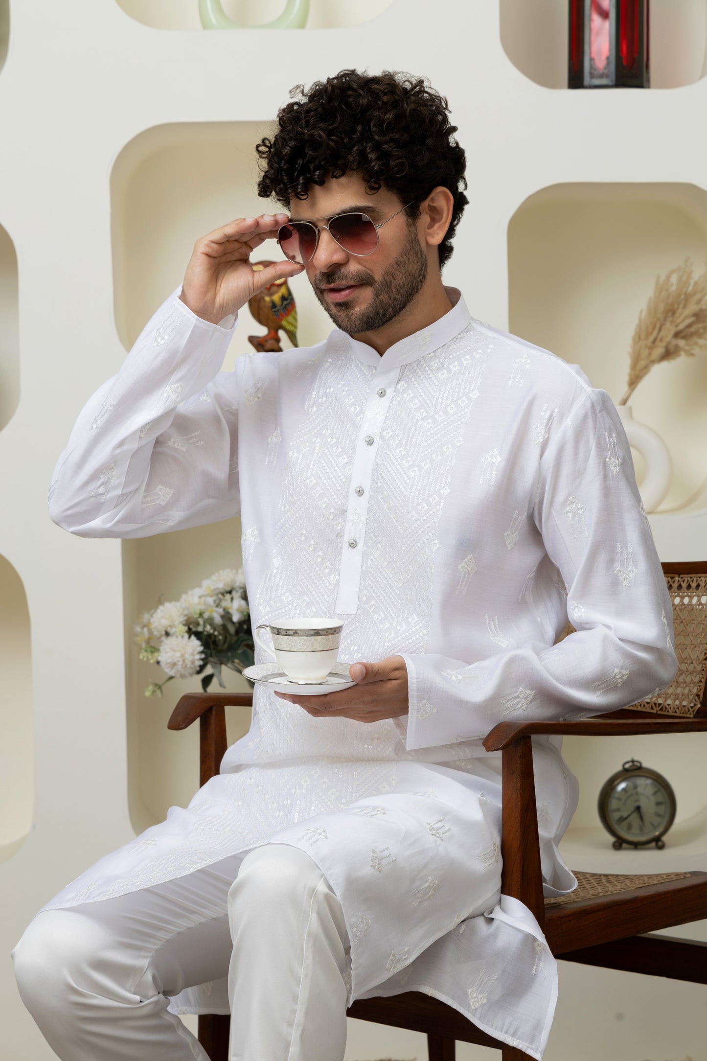 Stylish White Embroidered Kurta Pajama for Celebrations – Tailored Menswear Ethnic Look