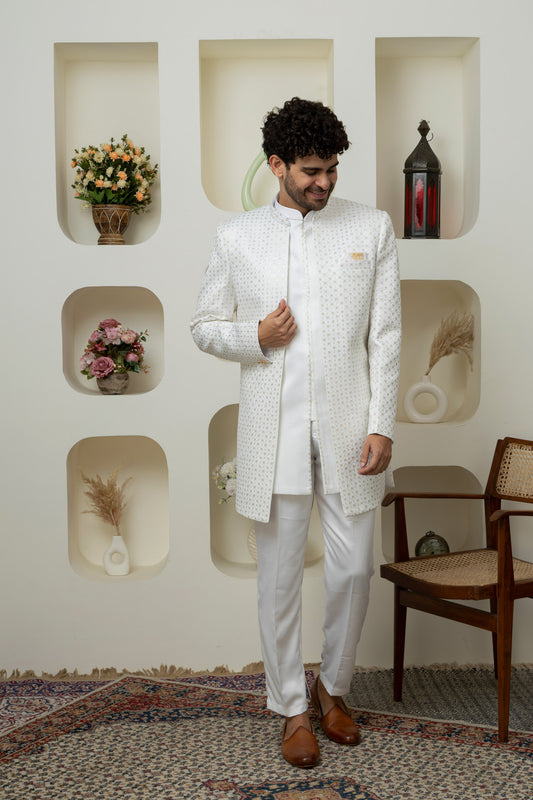 Classic White Malayi Satin Indo Western – A Ethnic Must-Have for Menswear