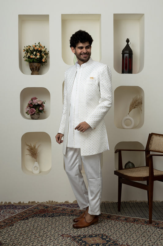 Classic White Malayi Satin Indo Western – A Ethnic Must-Have for Menswear