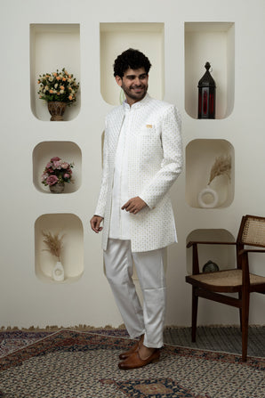 Classic White Malayi Satin Indo Western – A Ethnic Must-Have for Menswear