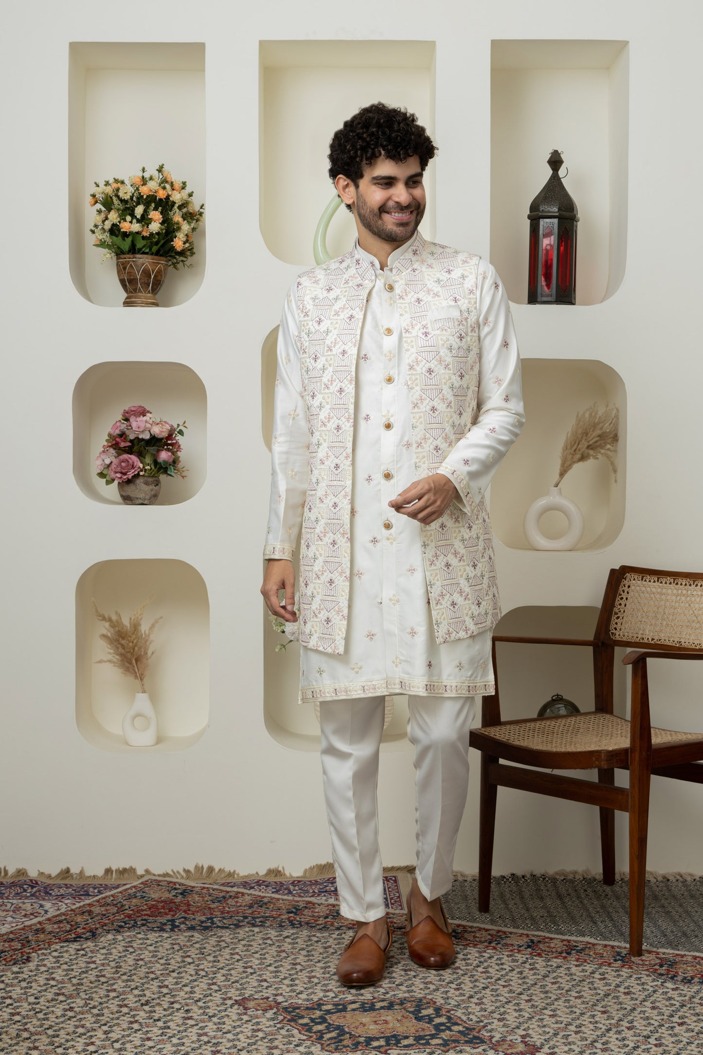 White modal satin kurta pajama jacket set – Premium Ethnic Menswear Collection