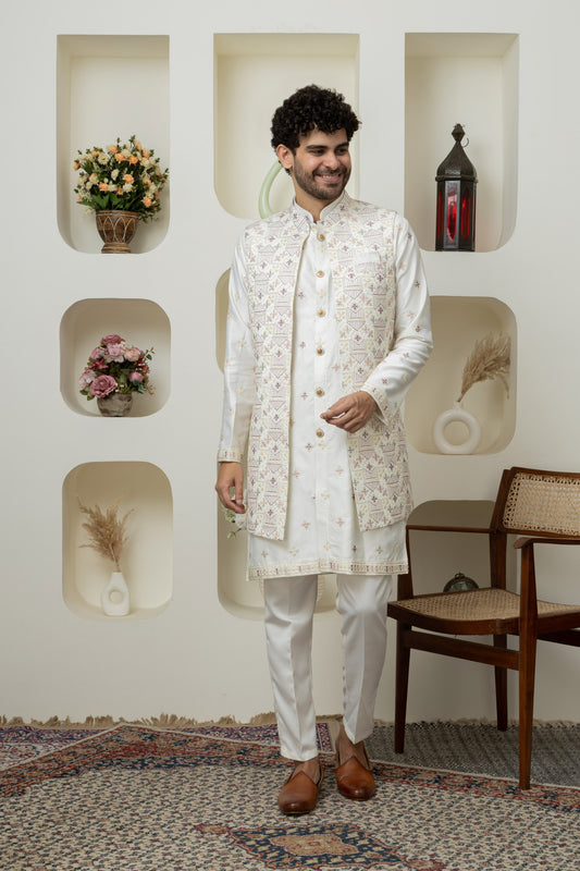 White modal satin kurta pajama jacket set – Premium Ethnic Menswear Collection