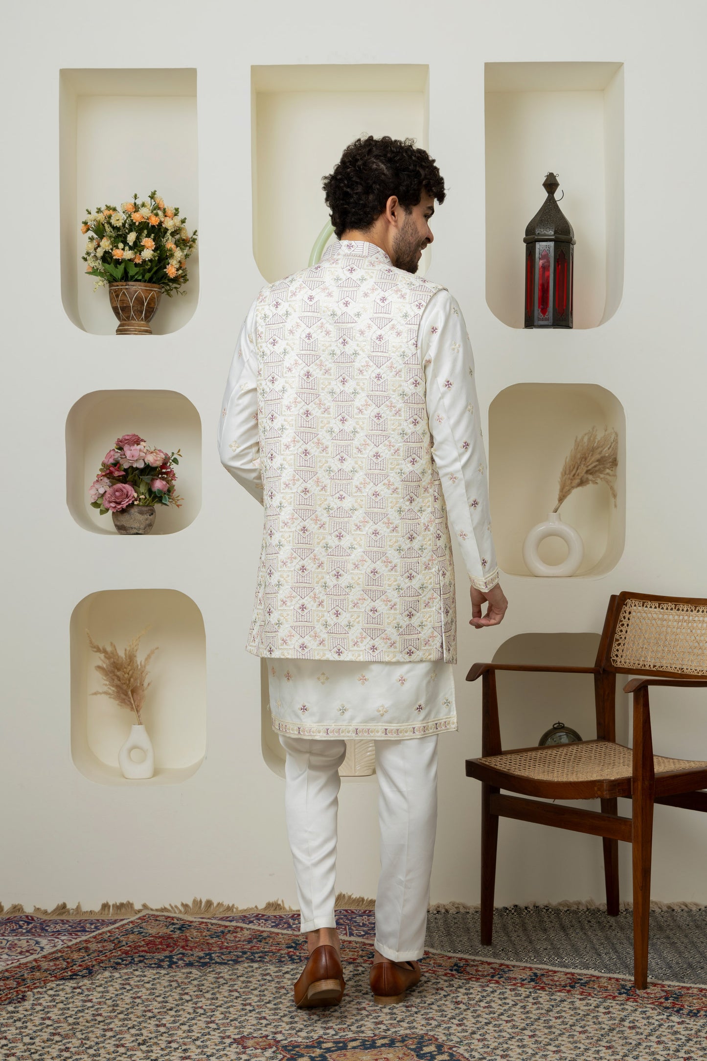 White modal satin kurta pajama jacket set – Premium Ethnic Menswear Collection