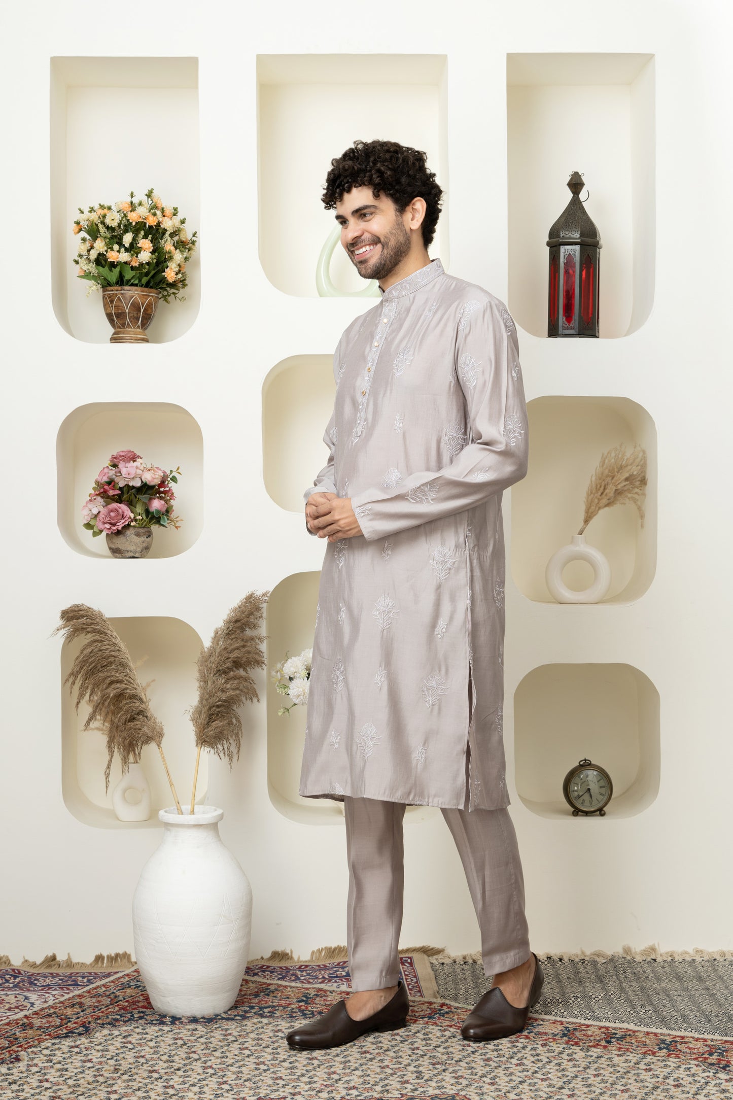 Stylish Metalic Grey embroidered Cotton Silk Kurta Pajama for Celebrations – Tailored Menswear Ethnic Look