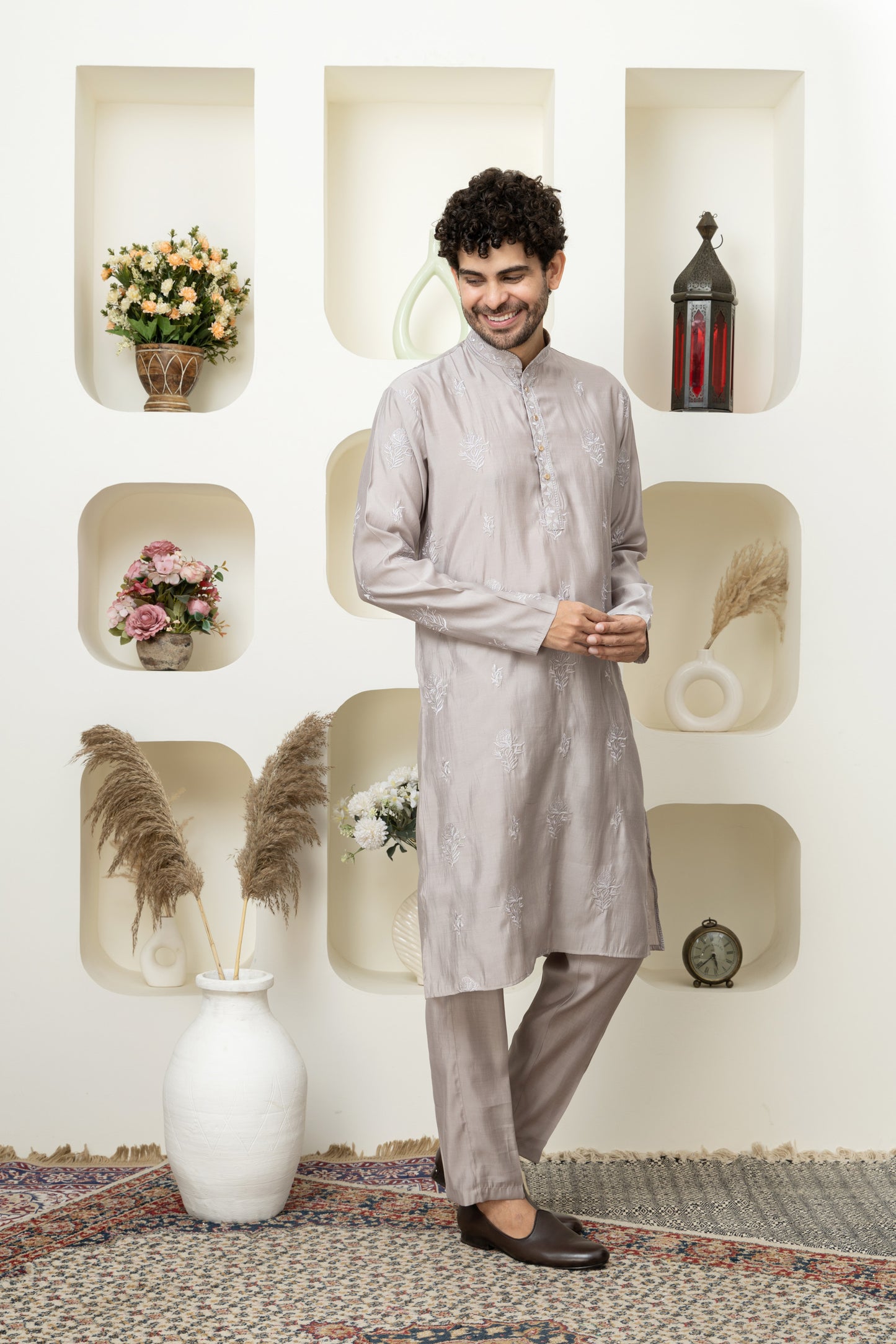 Stylish Metalic Grey embroidered Cotton Silk Kurta Pajama for Celebrations – Tailored Menswear Ethnic Look