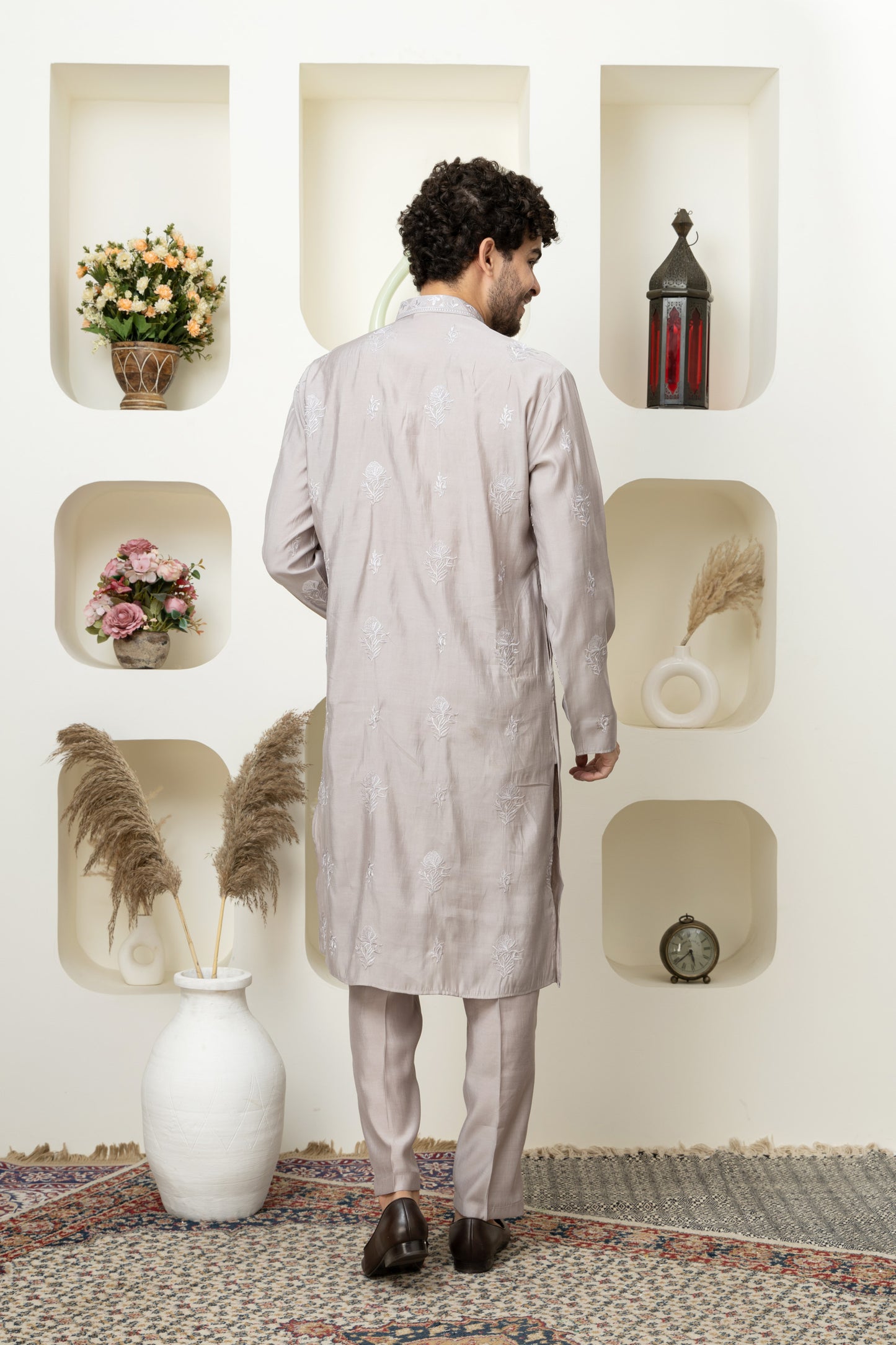 Stylish Metalic Grey embroidered Cotton Silk Kurta Pajama for Celebrations – Tailored Menswear Ethnic Look