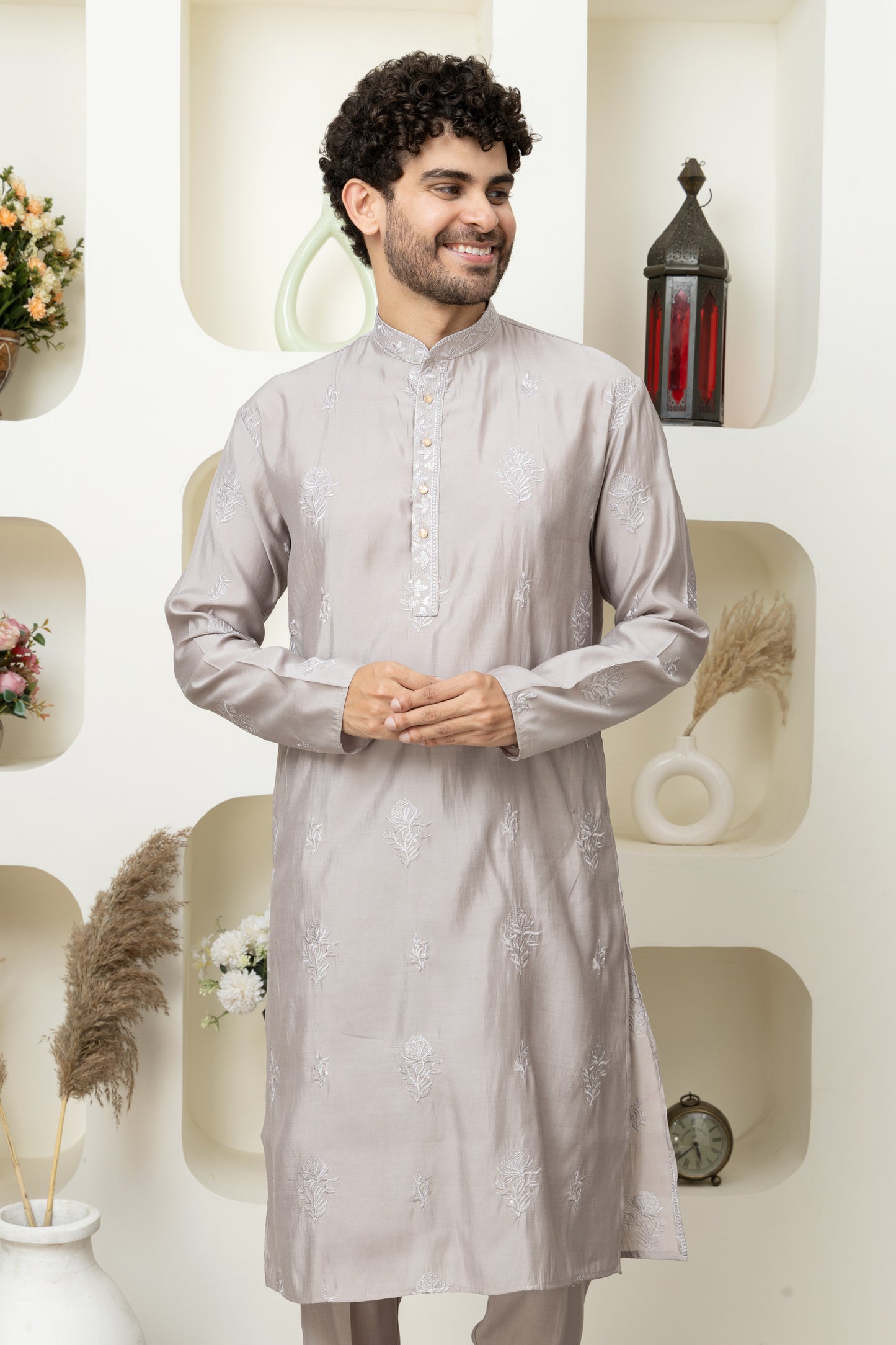 Stylish Metalic Grey embroidered Cotton Silk Kurta Pajama for Celebrations – Tailored Menswear Ethnic Look
