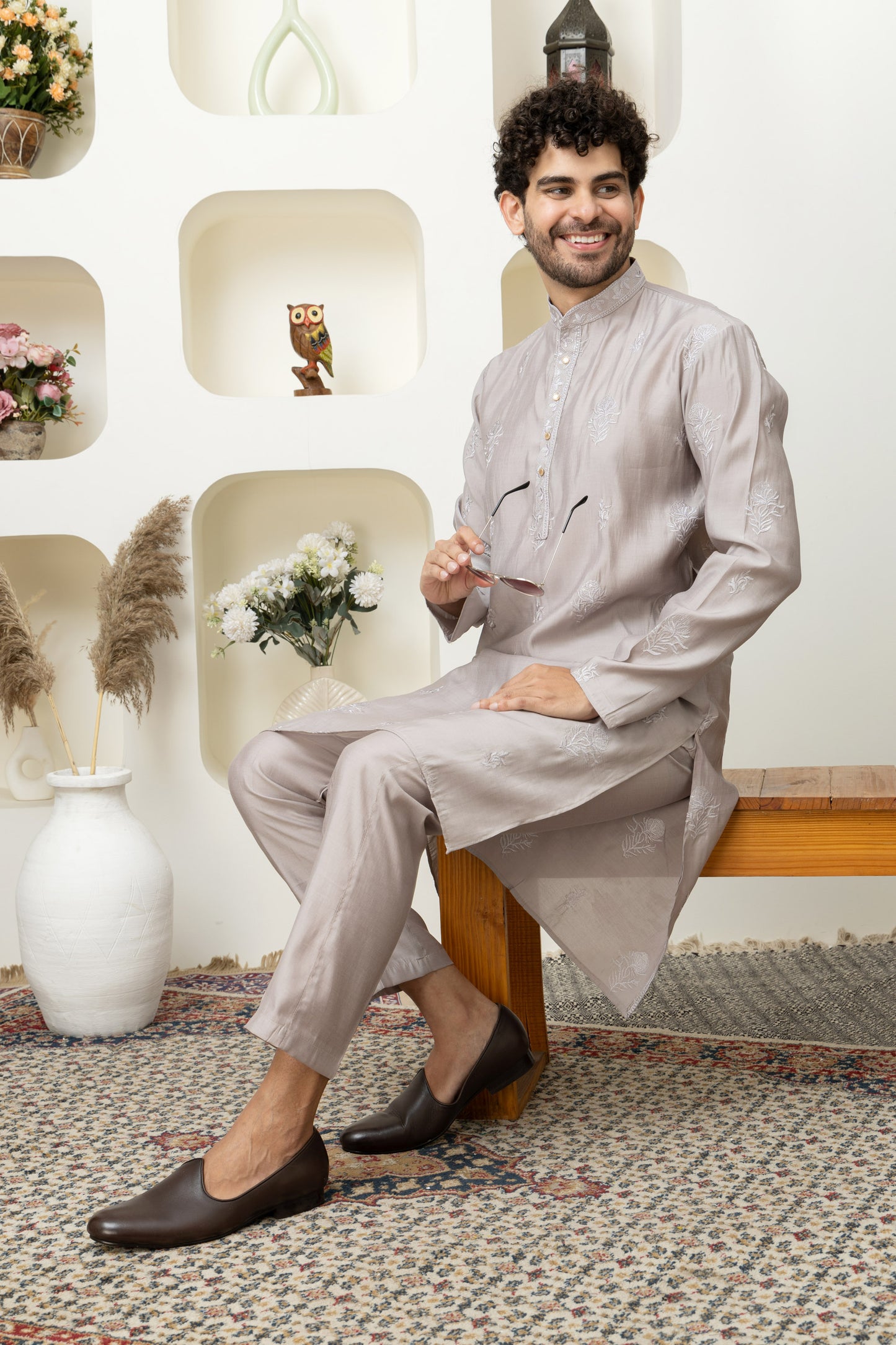 Stylish Metalic Grey embroidered Cotton Silk Kurta Pajama for Celebrations – Tailored Menswear Ethnic Look