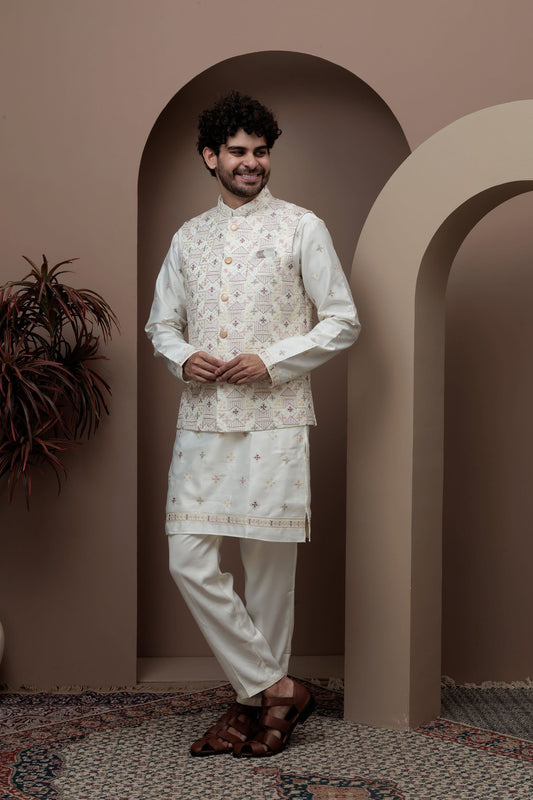White kurta pajama with matching embroidered jacket