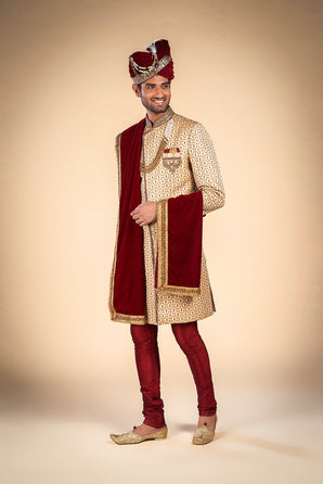 Sherwani for Men's in Blue With Red Print On It – Elegant Ethnic Attire