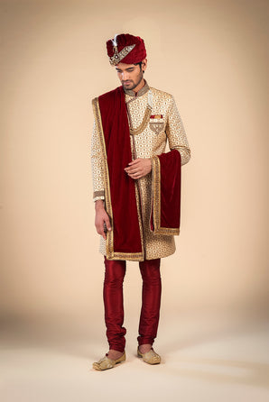 Sherwani for Men's in Blue With Red Print On It – Elegant Ethnic Attire