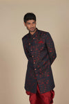 Sherwani for Men's in Blue With Red Print On It – Elegant Ethnic Attire