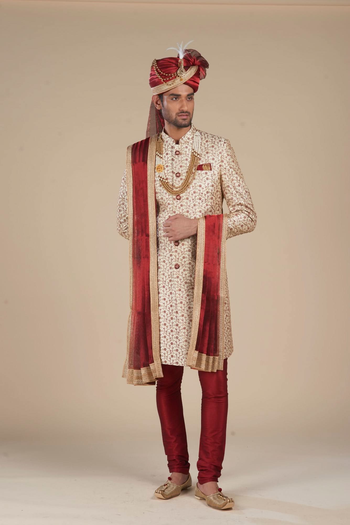 Attir Sherwani for Men's in White With Red Embroidery – Elegant Ethnic Attir ...