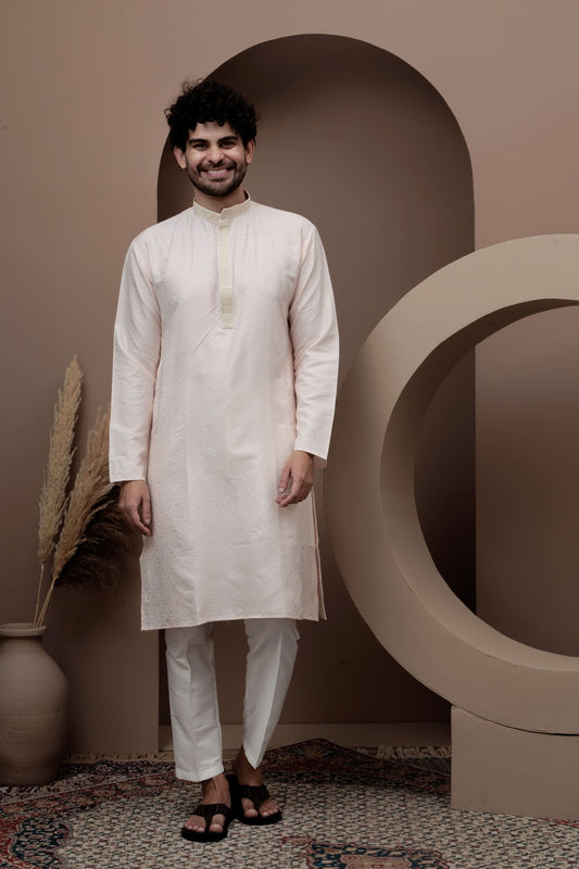 Peach cotton silk kurta pajama for festive occasions
