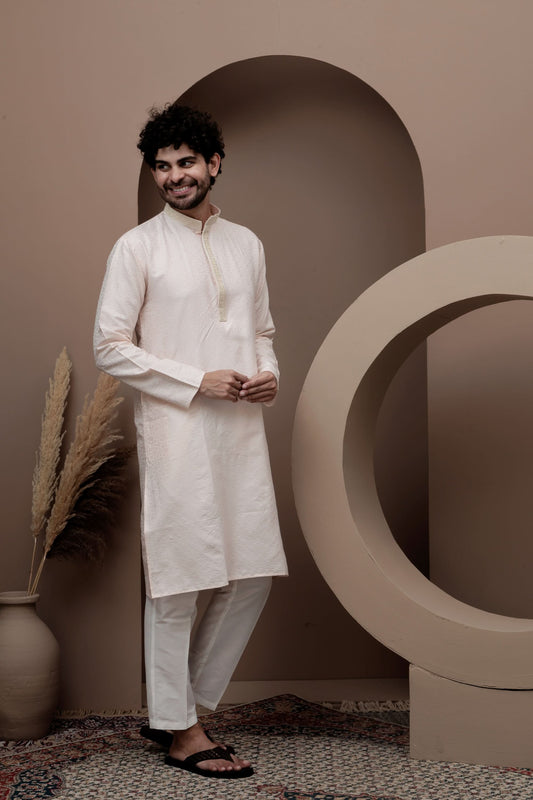Peach cotton silk kurta pajama for festive occasions
