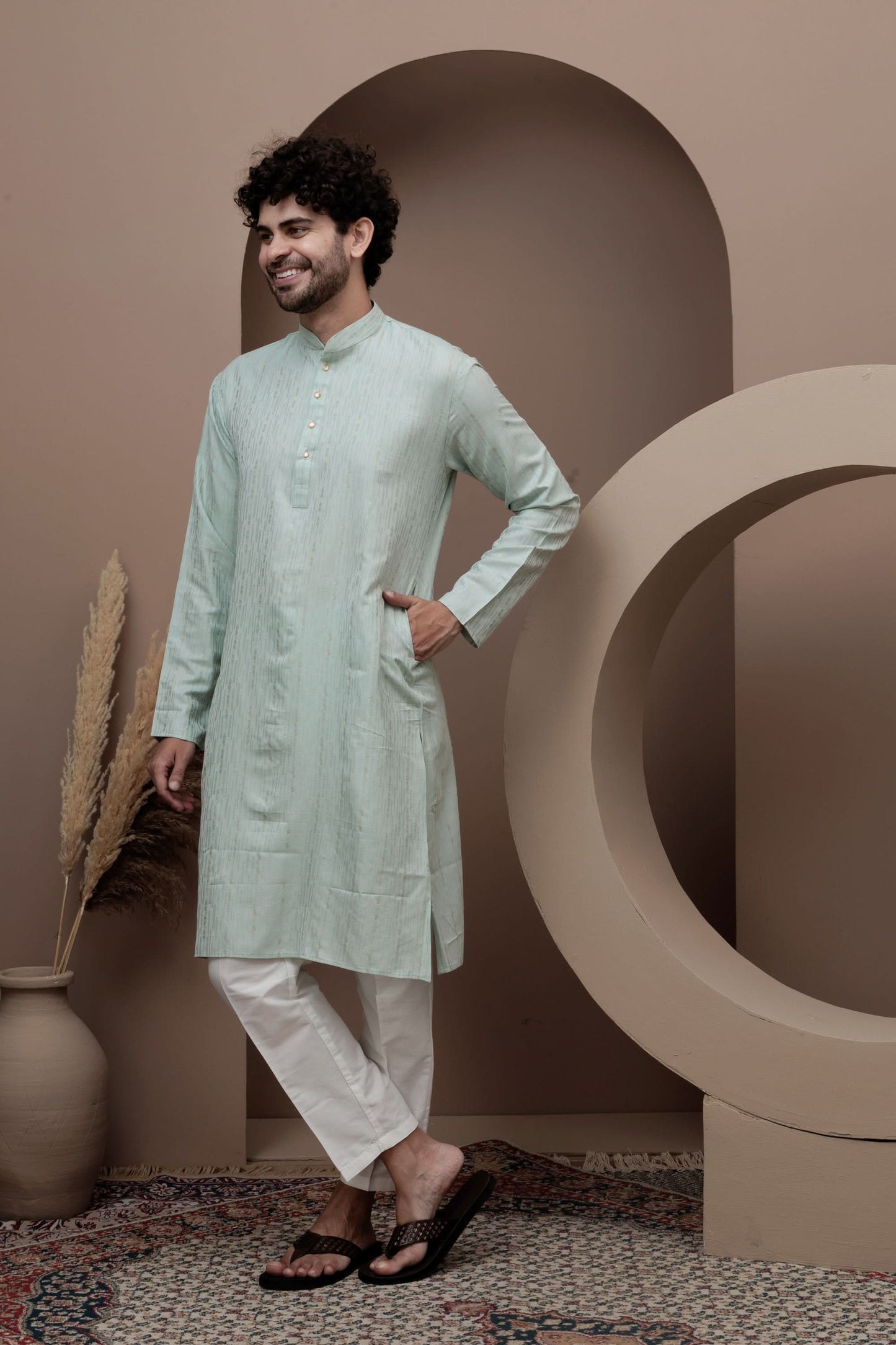 Green cotton silk kurta pajama for festive occasions
