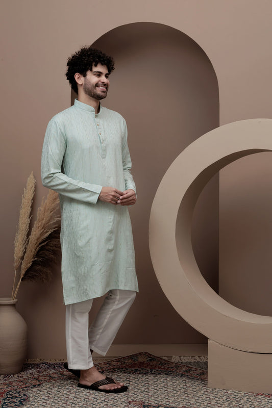 Green cotton silk kurta pajama for festive occasions