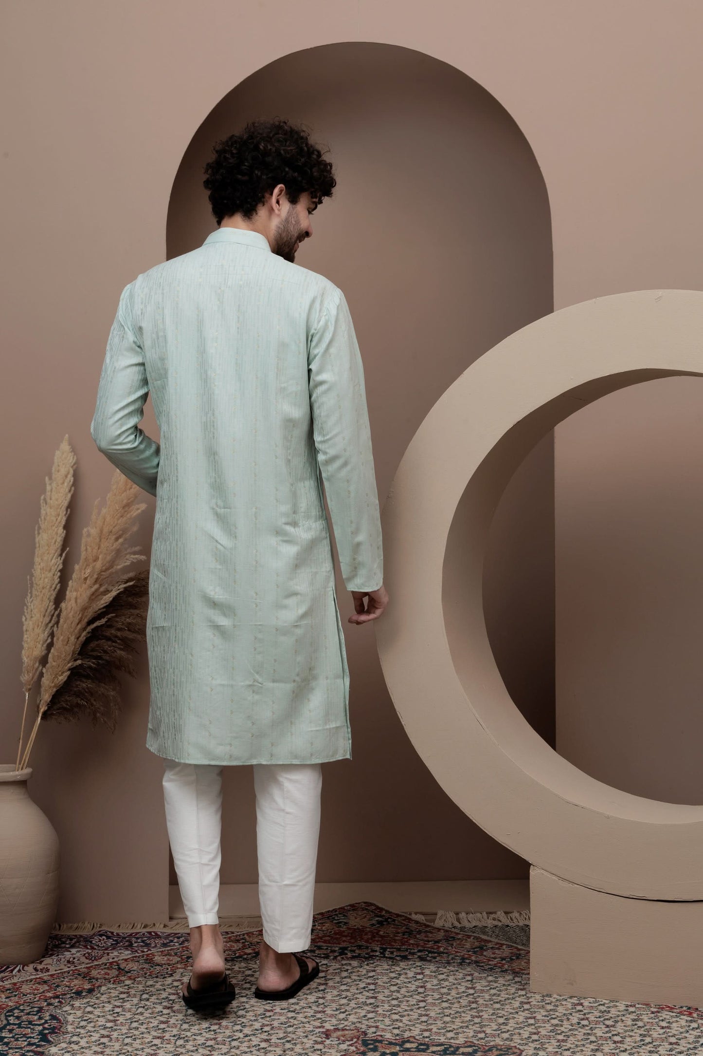 Green cotton silk kurta pajama for festive occasions