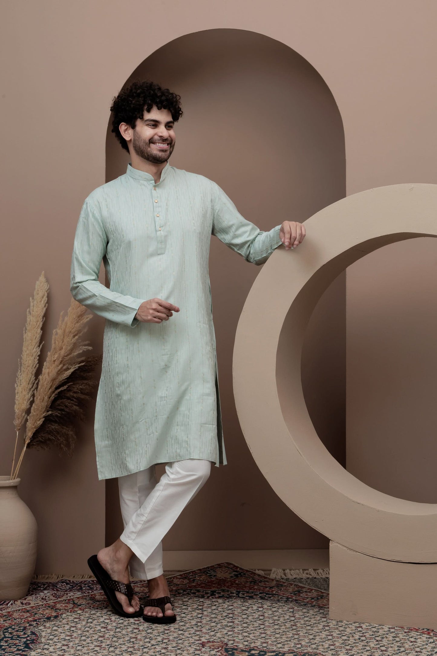 Green cotton silk kurta pajama for festive occasions