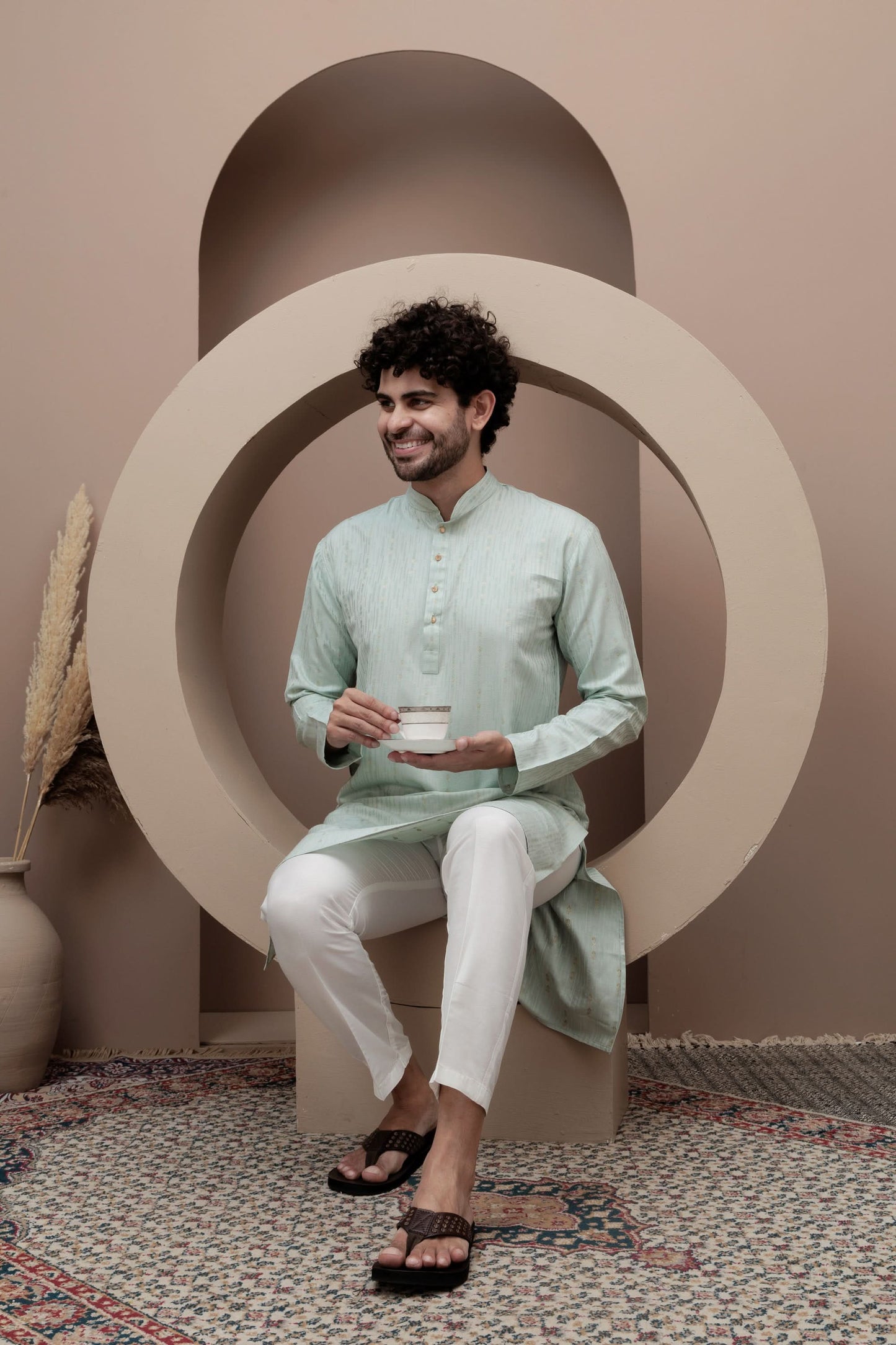 Green cotton silk kurta pajama for festive occasions