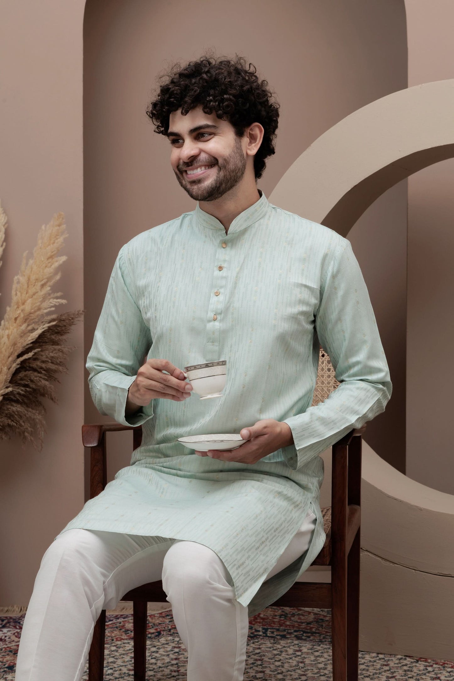 Green cotton silk kurta pajama for festive occasions
