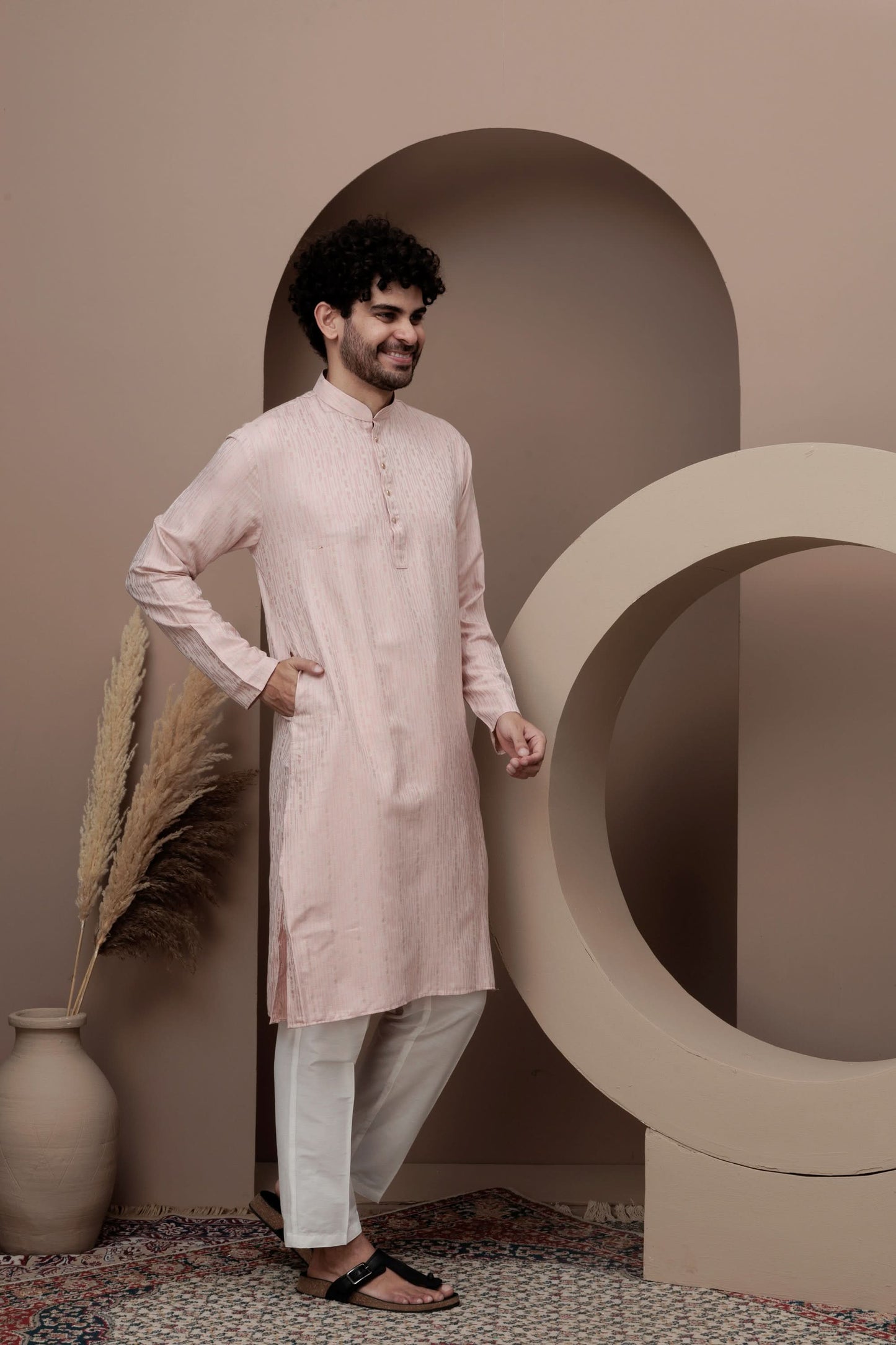 Pink cotton silk kurta pajama for festive occasions
